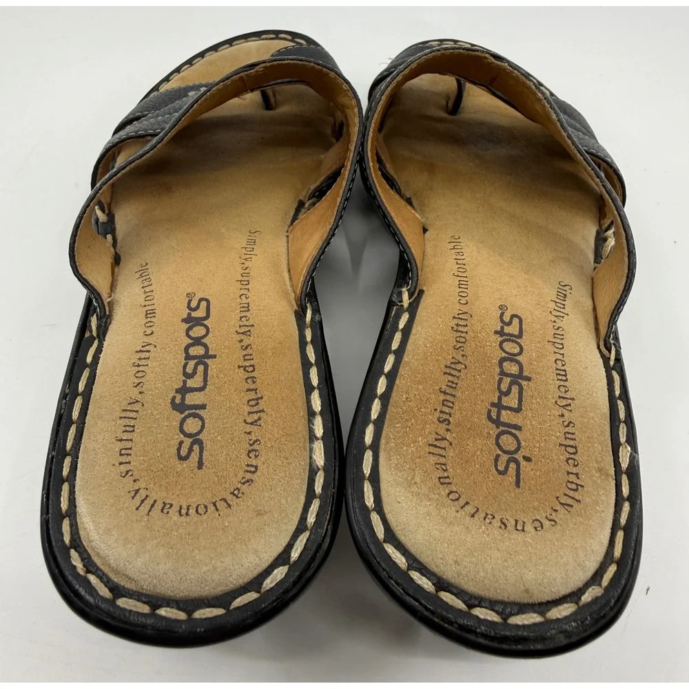 Softspots Womens Black Leather Strappy‎ Wedge Slide Sandals Toe Loop Size 6M